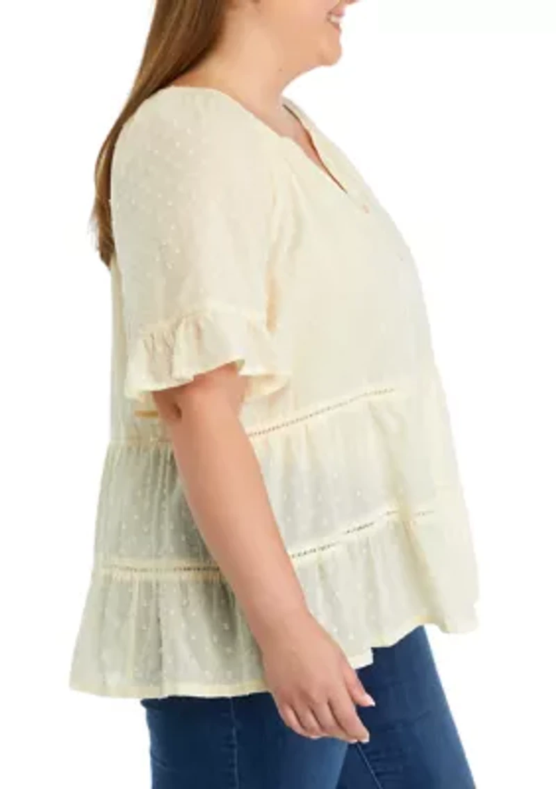 Plus Clipdot Button Front Split Neck Top