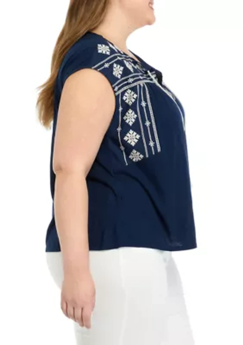 Plus Embroidered Split Neck Top