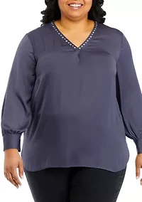 Plus Long Sleeve V-Neck Blouse with Studs