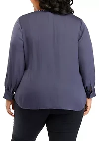 Plus Long Sleeve V-Neck Blouse with Studs