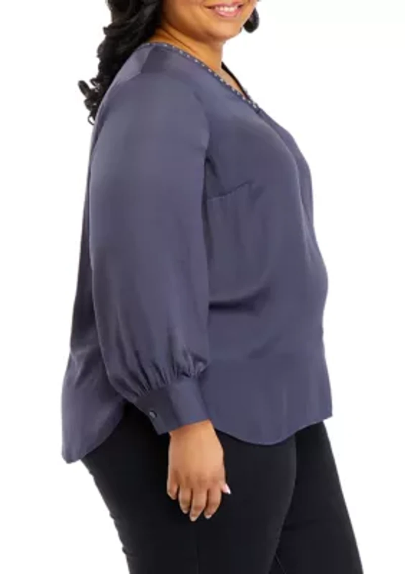 Plus Long Sleeve V-Neck Blouse with Studs
