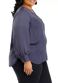 Plus Long Sleeve V-Neck Blouse with Studs