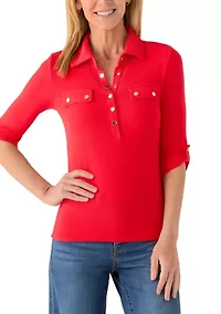 Petite Roll Sleeve Polo Knit Top