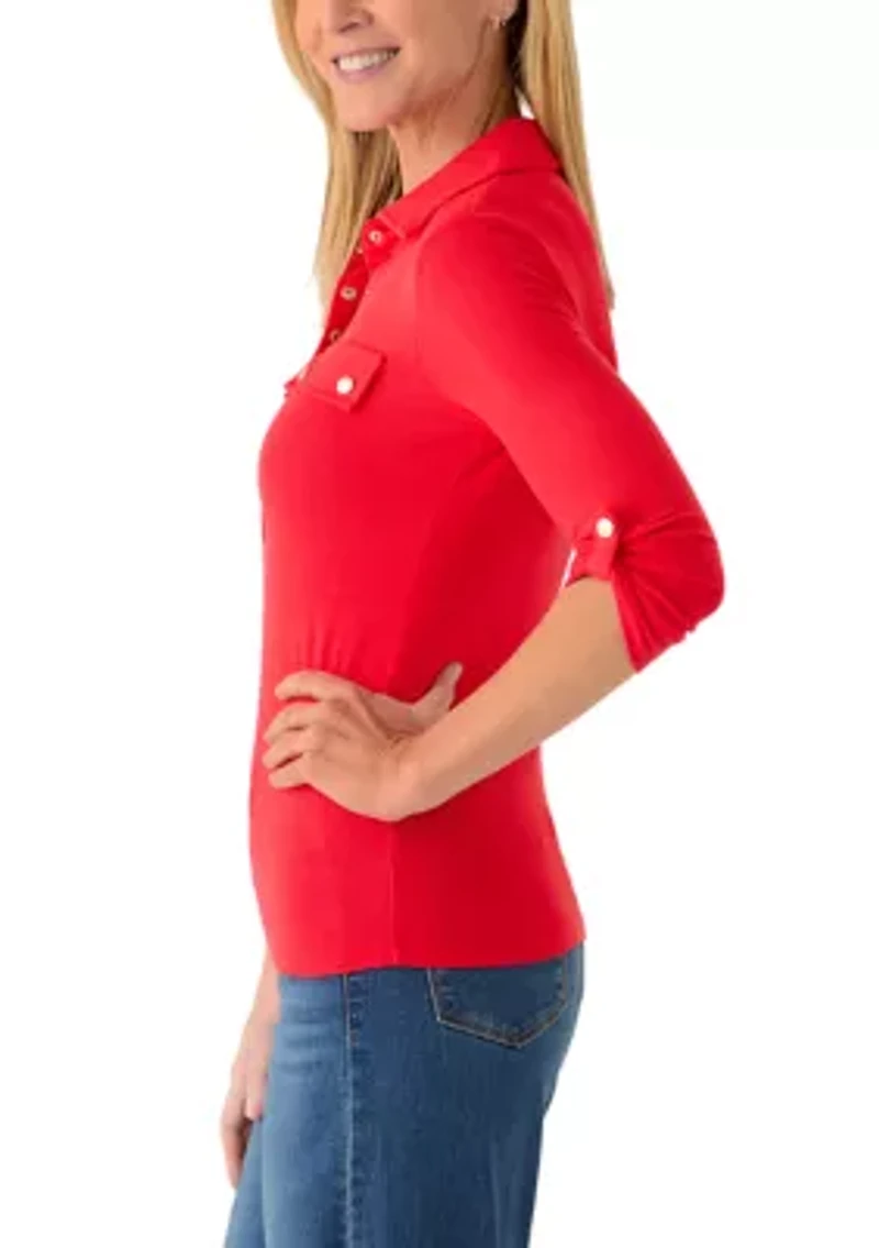 Petite Roll Sleeve Polo Knit Top
