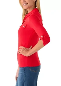 Petite Roll Sleeve Polo Knit Top