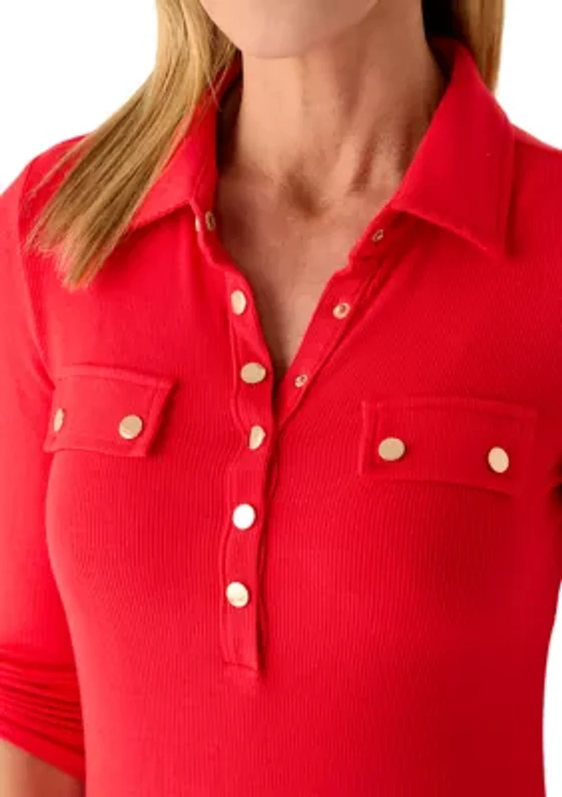 Petite Roll Sleeve Polo Knit Top