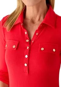 Petite Roll Sleeve Polo Knit Top