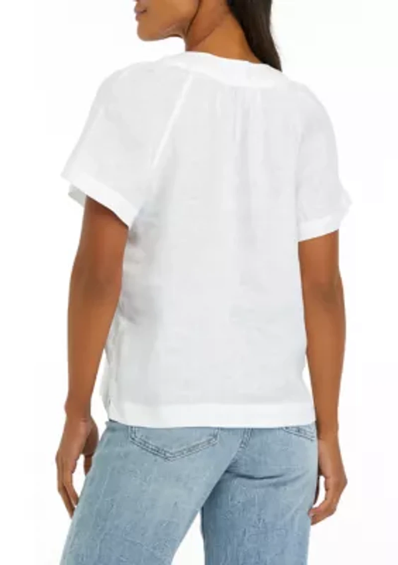 Petite Solid Linen Popover Top