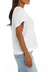 Petite Solid Linen Popover Top