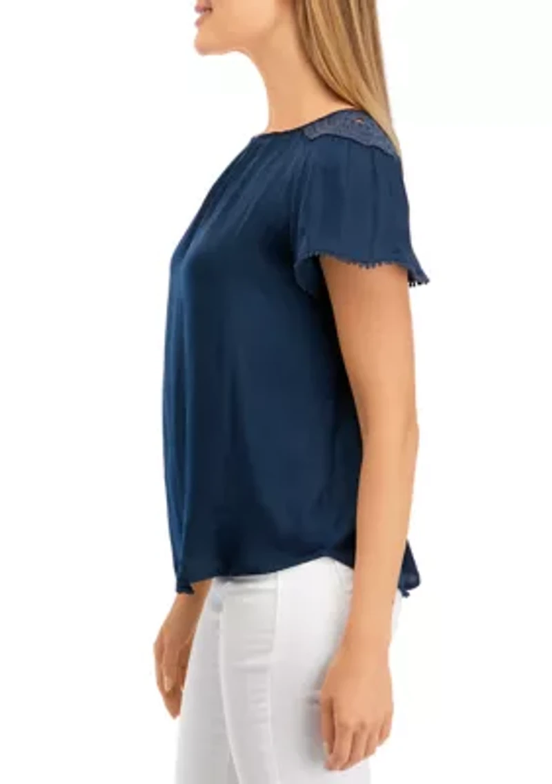 Petite Short Sleeve Raglan Jewel Neck Blouse