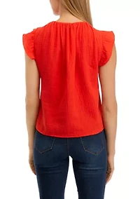 Petite Short Sleeve Woven Gauze Blouse