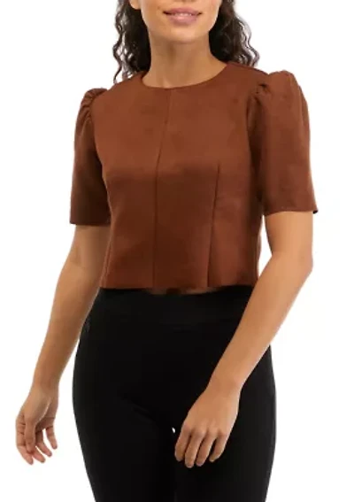 Petite Short Puff Sleeve Suede Blouse