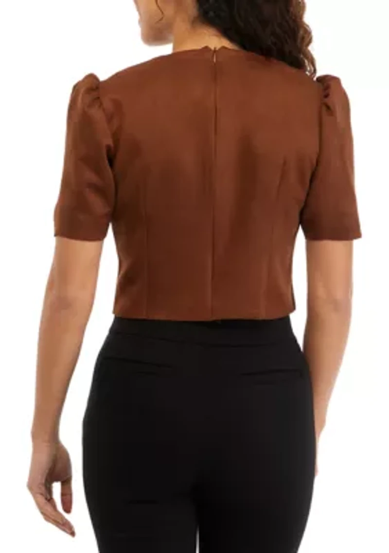 Petite Short Puff Sleeve Suede Blouse