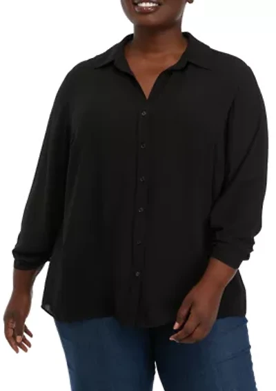 Plus 3/4 Sleeve Button Down Blouse