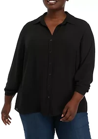 Plus 3/4 Sleeve Button Down Blouse