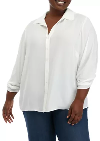 Plus 3/4 Sleeve Button Down Blouse