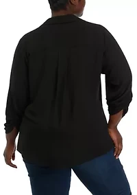 Plus 3/4 Sleeve Button Down Blouse