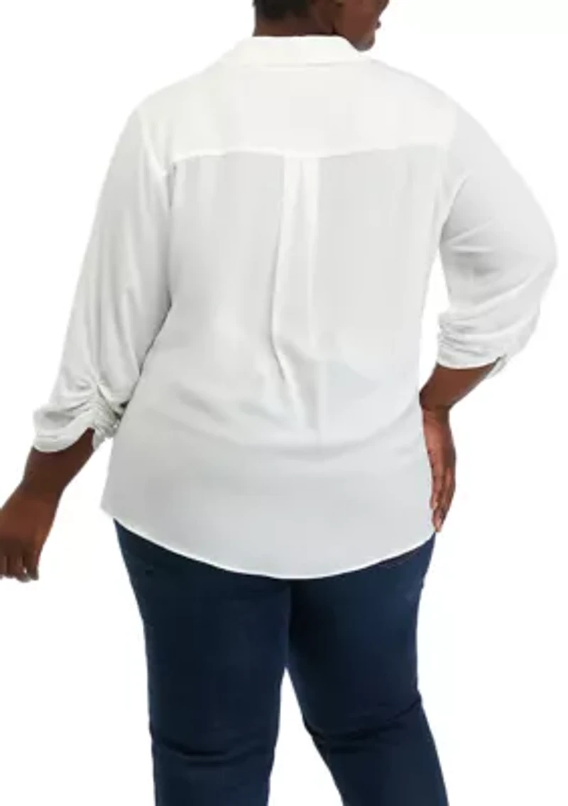 Plus 3/4 Sleeve Button Down Blouse