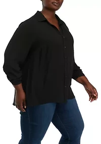 Plus 3/4 Sleeve Button Down Blouse