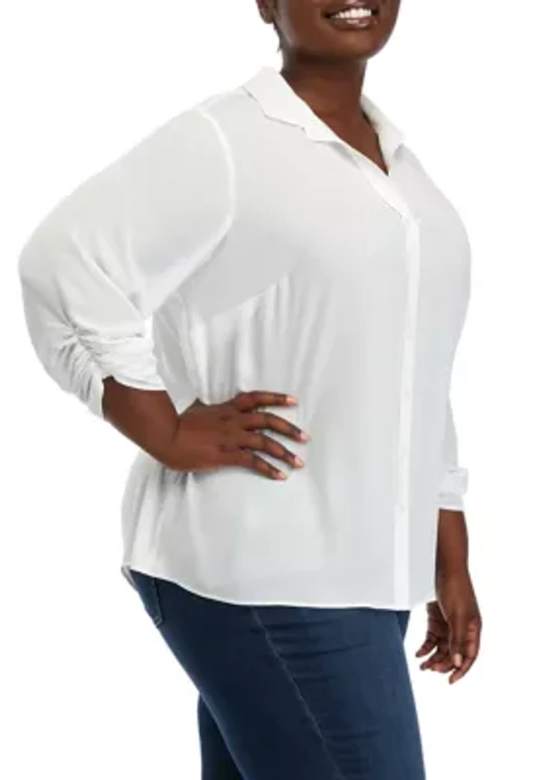 Plus 3/4 Sleeve Button Down Blouse