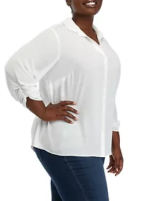 Plus 3/4 Sleeve Button Down Blouse