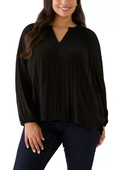 Plus Partially Lined Long Raglan Sleeve V-Neck Blouse