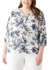 Plus 3/4 Sleeve Split Neck Woven Blouse