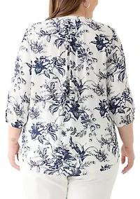 Plus 3/4 Sleeve Split Neck Woven Blouse