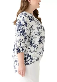 Plus 3/4 Sleeve Split Neck Woven Blouse