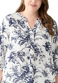 Plus 3/4 Sleeve Split Neck Woven Blouse