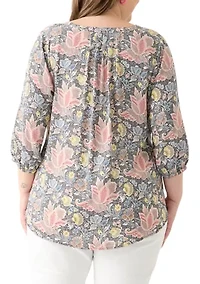 Plus 3/4 Sleeve Split Neck Woven Blouse