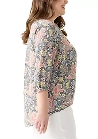 Plus 3/4 Sleeve Split Neck Woven Blouse