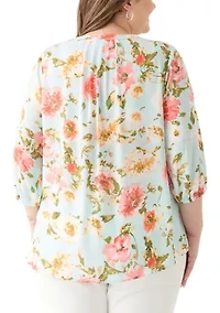 Plus 3/4 Sleeve Split Neck Woven Blouse