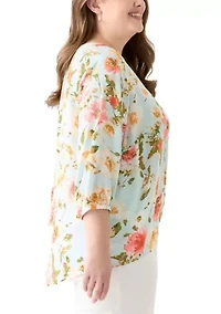 Plus 3/4 Sleeve Split Neck Woven Blouse