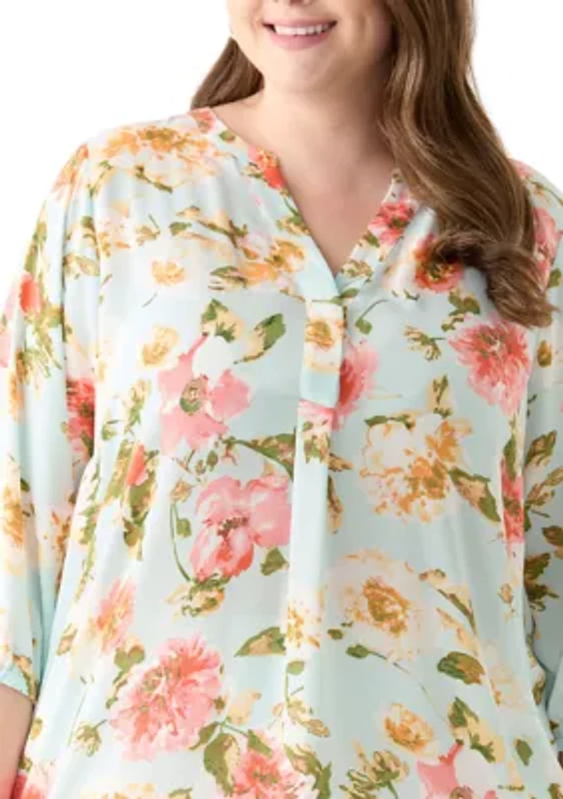 Plus 3/4 Sleeve Split Neck Woven Blouse
