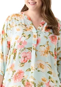 Plus 3/4 Sleeve Split Neck Woven Blouse