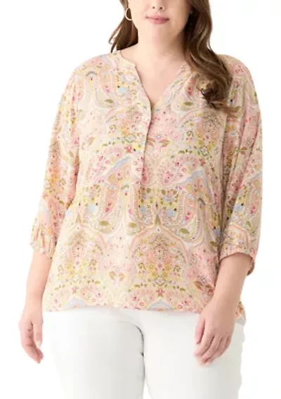 Plus 3/4 Sleeve Split Neck Woven Blouse