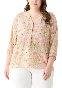 Plus 3/4 Sleeve Split Neck Woven Blouse