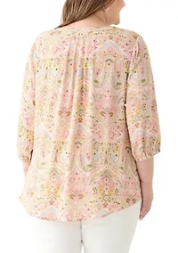 Plus 3/4 Sleeve Split Neck Woven Blouse