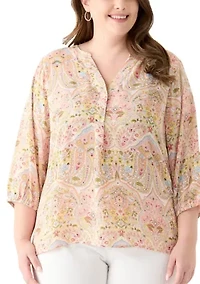 Plus 3/4 Sleeve Split Neck Woven Blouse