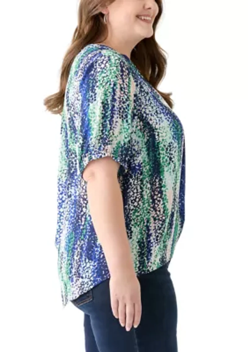 Plus Elbow Sleeve Split Neck Woven Blouse