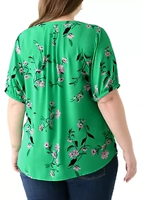 Plus Elbow Sleeve Split Neck Woven Blouse