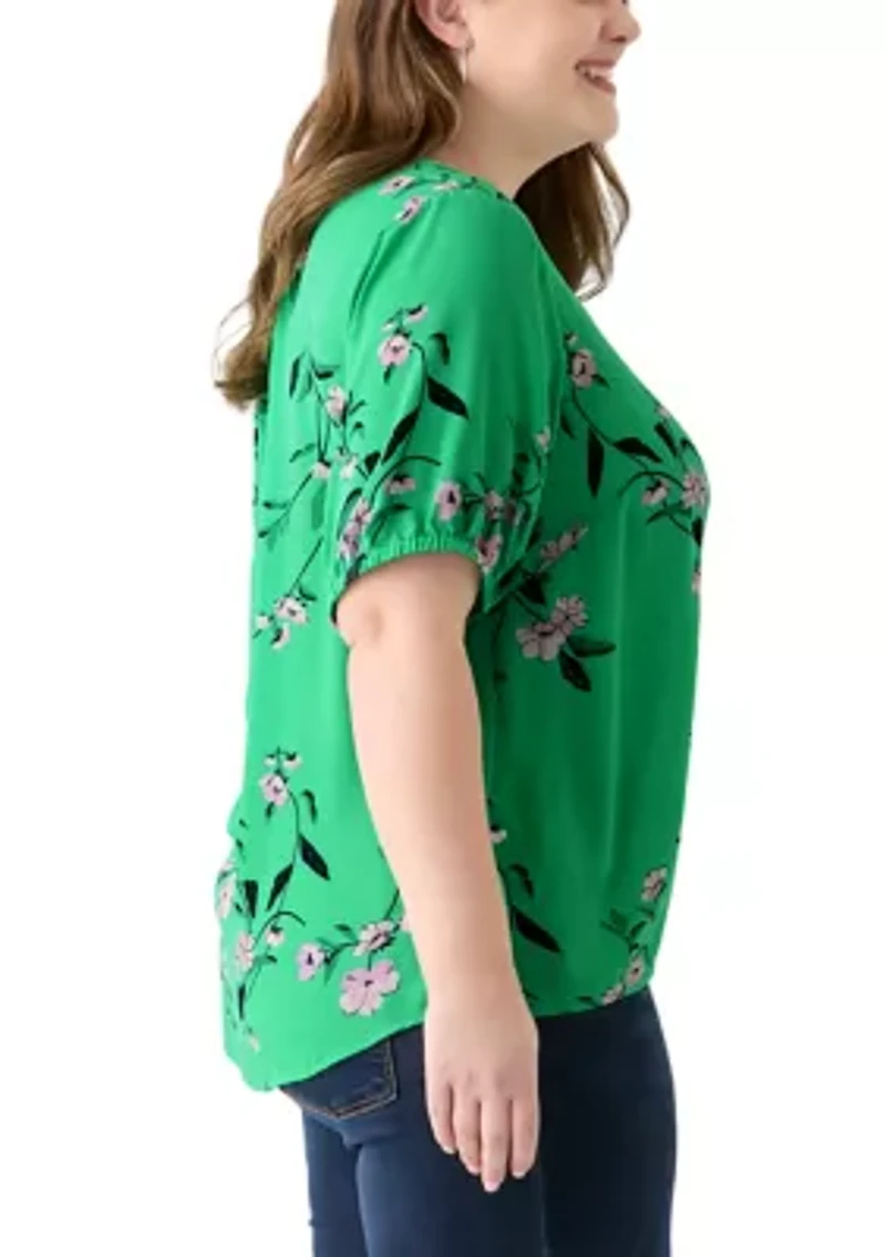 Plus Elbow Sleeve Split Neck Woven Blouse