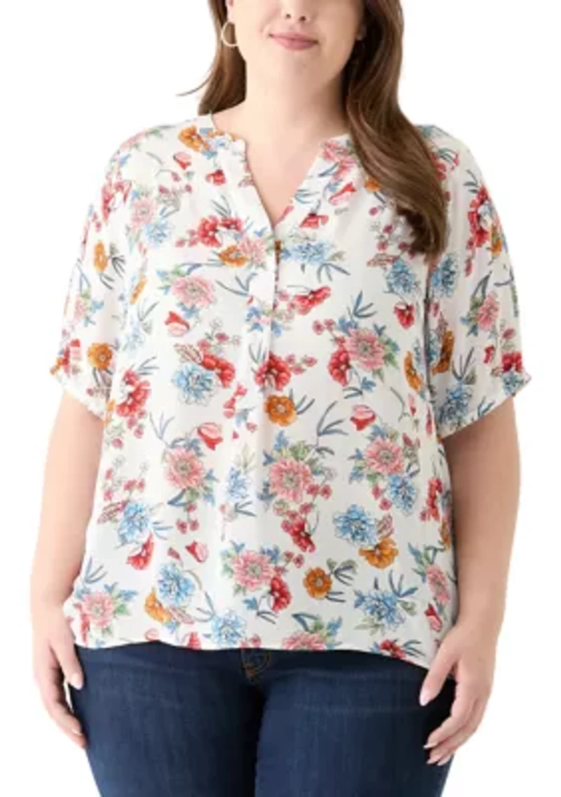 Plus Elbow Sleeve Split Neck Woven Blouse