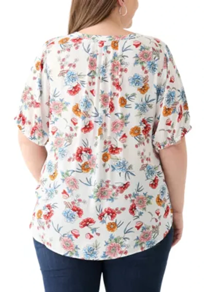 Plus Elbow Sleeve Split Neck Woven Blouse