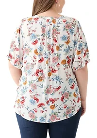 Plus Elbow Sleeve Split Neck Woven Blouse