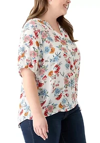 Plus Elbow Sleeve Split Neck Woven Blouse