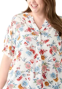 Plus Elbow Sleeve Split Neck Woven Blouse