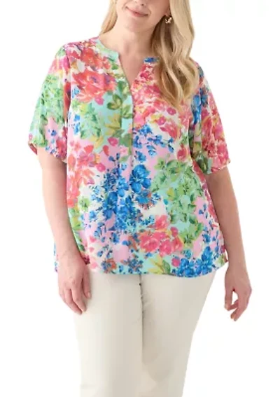 Plus Elbow Sleeve Split Neck Woven Blouse