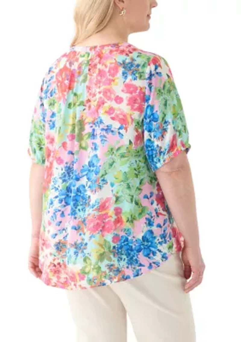 Plus Elbow Sleeve Split Neck Woven Blouse